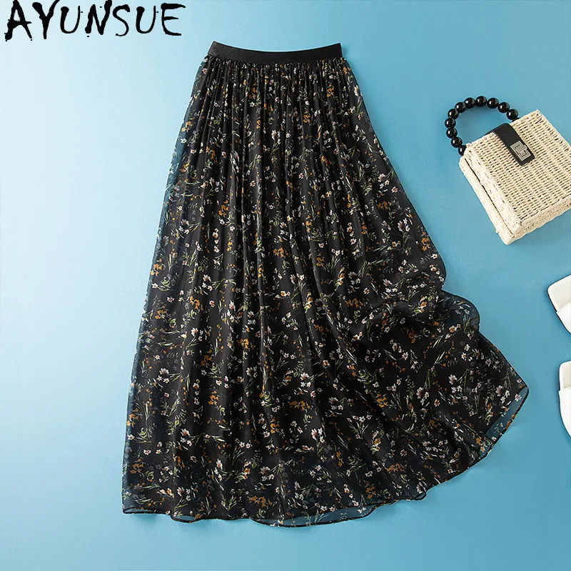 

AYUNSUE 100% Silk Women's Skirts Stylish Floral Elastic Waist Skirt High Waist A-line Skirts 2026 Woman Clothes Ropa Para Mujer