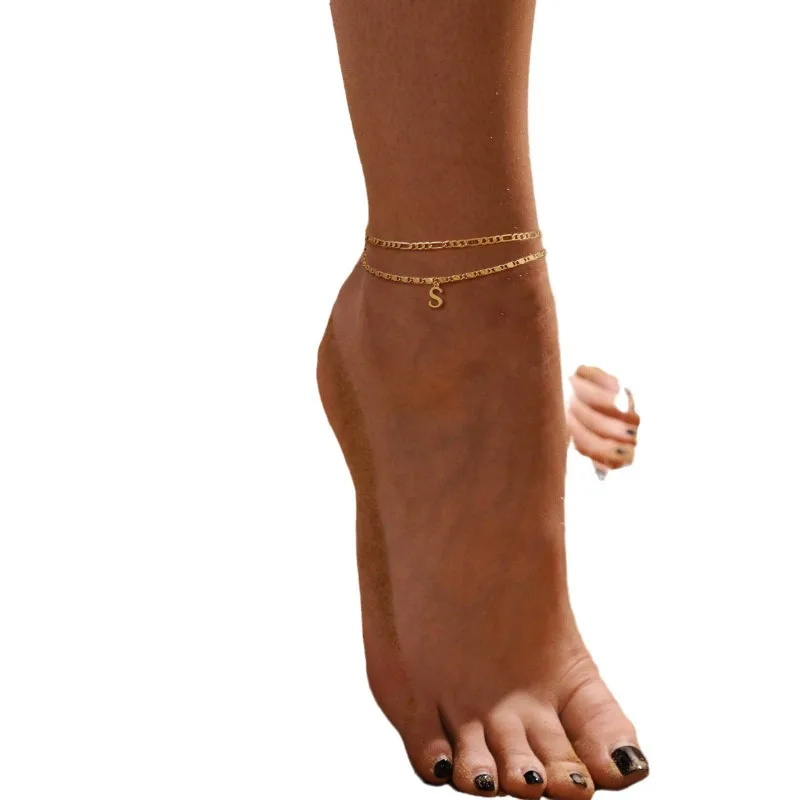 Minar 2025 Hot Sale 2 Pieces/Set Figaro Chain 26 Letter Pendant Anklets for Women Real Gold Plated Copper Beach Accessories