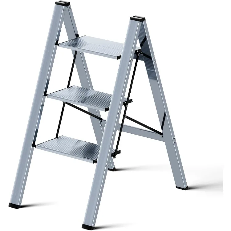 

3 Step Ladder Folding Step Stool, Portable Sturdy Aluminum Ladder with Anti-Slip Pedal, Lightweight Step Stools for Adults