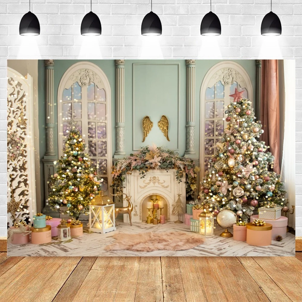 Christmas Background Interior Room Xmas Tree Fireplace Gifts Window Baby Portrait Photography Backdrop Wall Decor Photo Studio