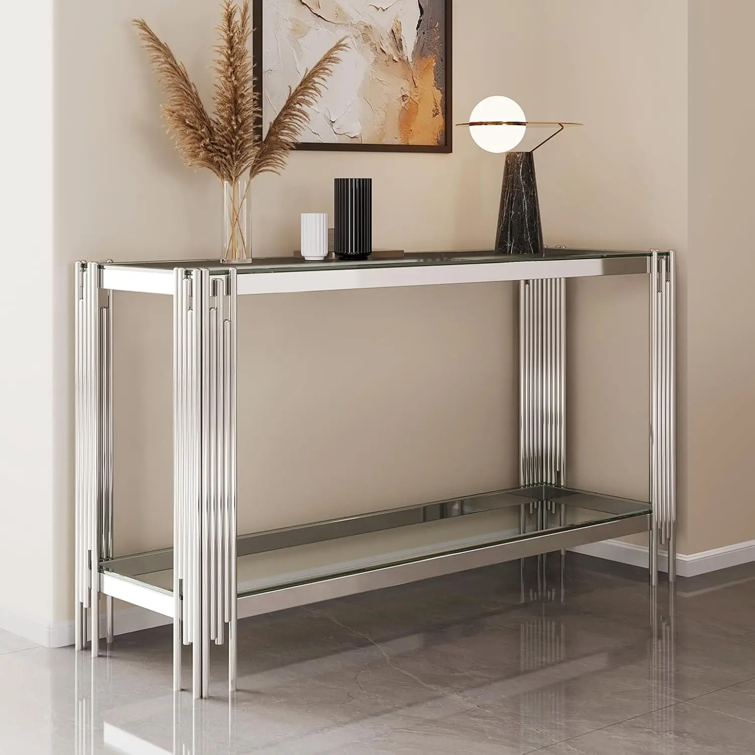 Modern 2-Tier Glass Console Table Luxury Clear Tempered Glass Top Sofa Table with Shiny Silver Legs 55