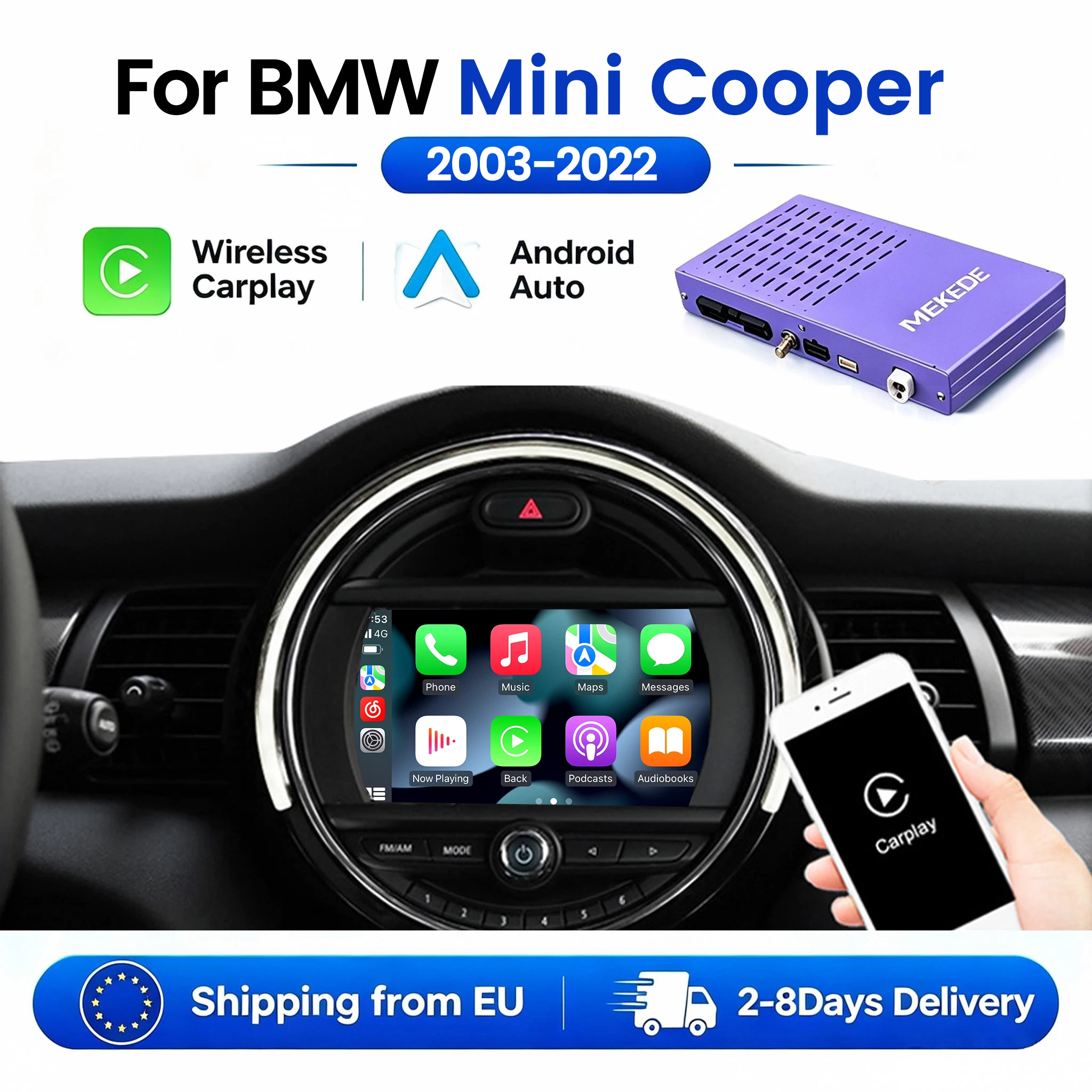 Stock UE 2026 Nuovo Box AI Android Auto Wireless CarPlay per BMW Mini Cooper R55 R56 R57 F55 F56 F57 Aggiornamento Schermo Originale Controllo Vocale Installazione Plug and Play Mantiene il Sistema