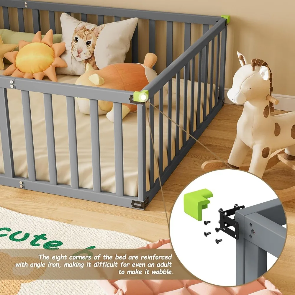 ROOMTEC-lit à plancher Montessori pleine grandeur, cadre de lit pour tout-petits avec porte convertible et clôture de sécurité, cadre sol-lit pour