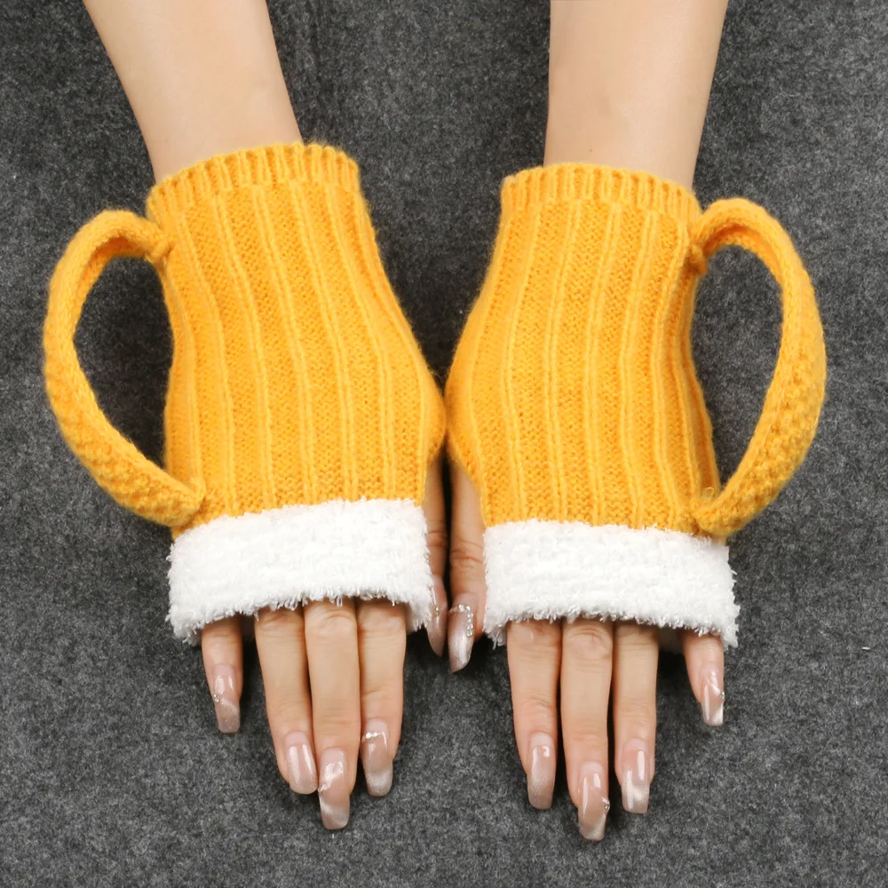 

Halloween Beer Cup Gloves Winter Christmas Woolen Gloves 3D Beer Festival Men's/Women's Half Finger Warm Plush Knitted Gloves