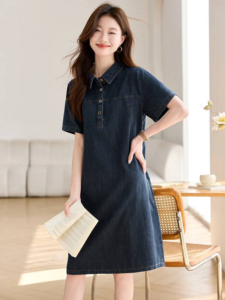 Casual Denim  Collar Dress Women's Summer 2026 Loose Slimming Commute Anti-aging Vintage Skirt Fashionable A-Line Dress