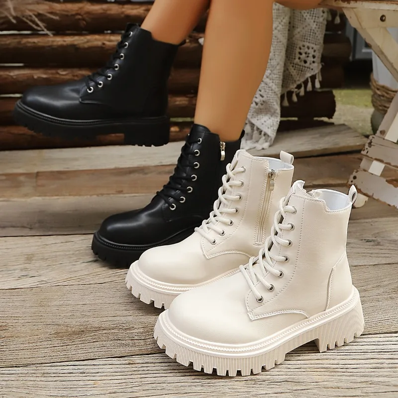 2026 New Solid Color Round Toe Casual Women's Ankle Boots Fashion Simple Style Lace Up Decor Thick Soled Comfort Women Shoes