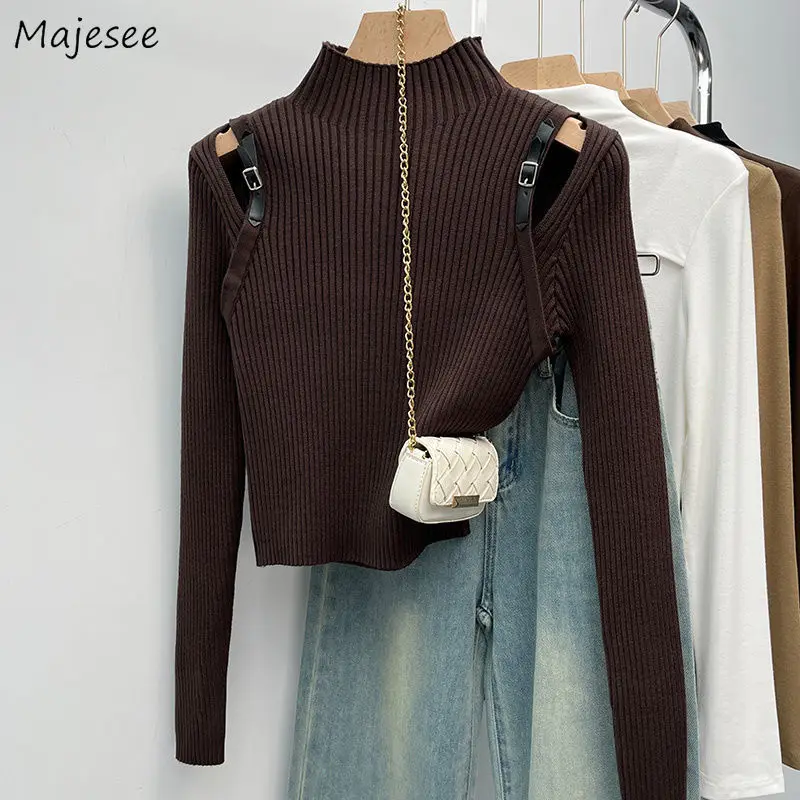 

American Half High Collar Pullovers Women Sweet Hot Girls Sexy Hollow Out Off-shoulder Sweaters Autumn Chic Feminine Knitwear