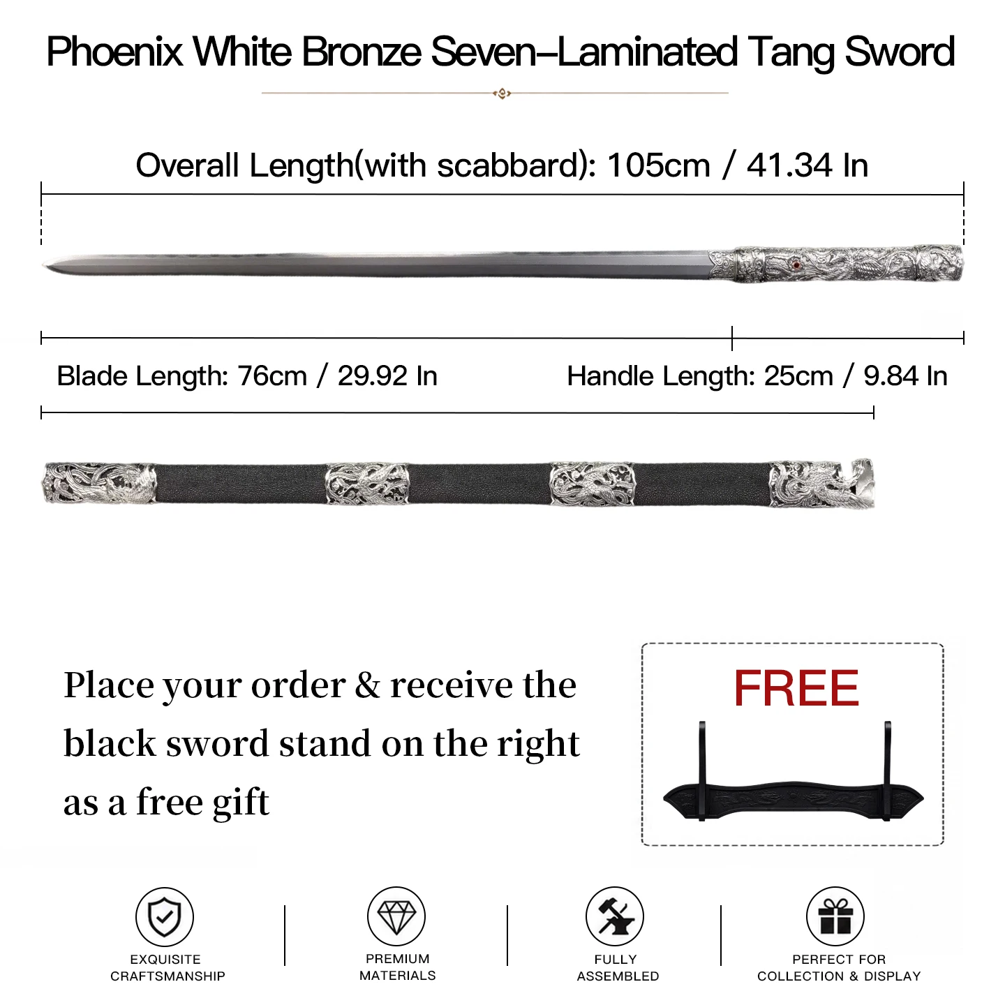 Phoenix White Bronze Tang Sworrd Seven-Laminated Folded Steel Blade Carved White Copper Fitting Black Rayskin Scabbard Display