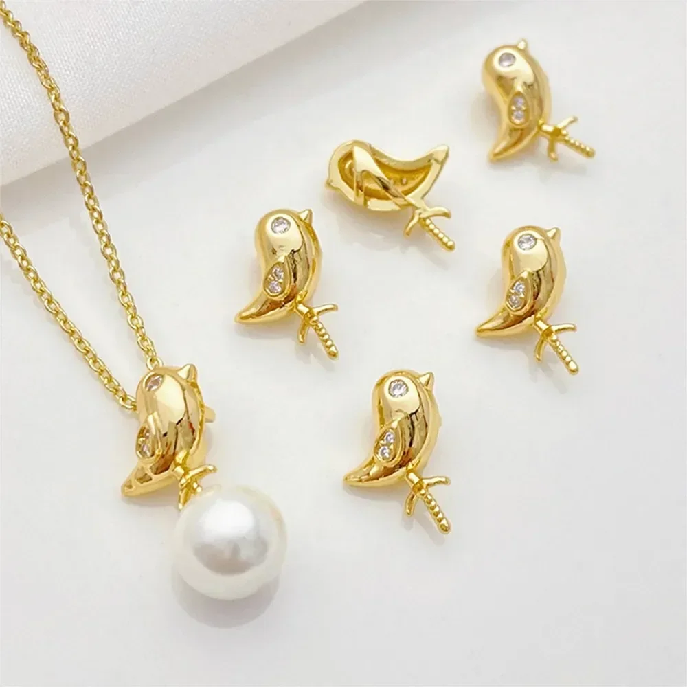 

14K Gold Inlaid Zirconium Bird Sheep's Eye Needle Sticky Pearl Holder Pendant Needle Handmade DIY Jewelry Material Accessories