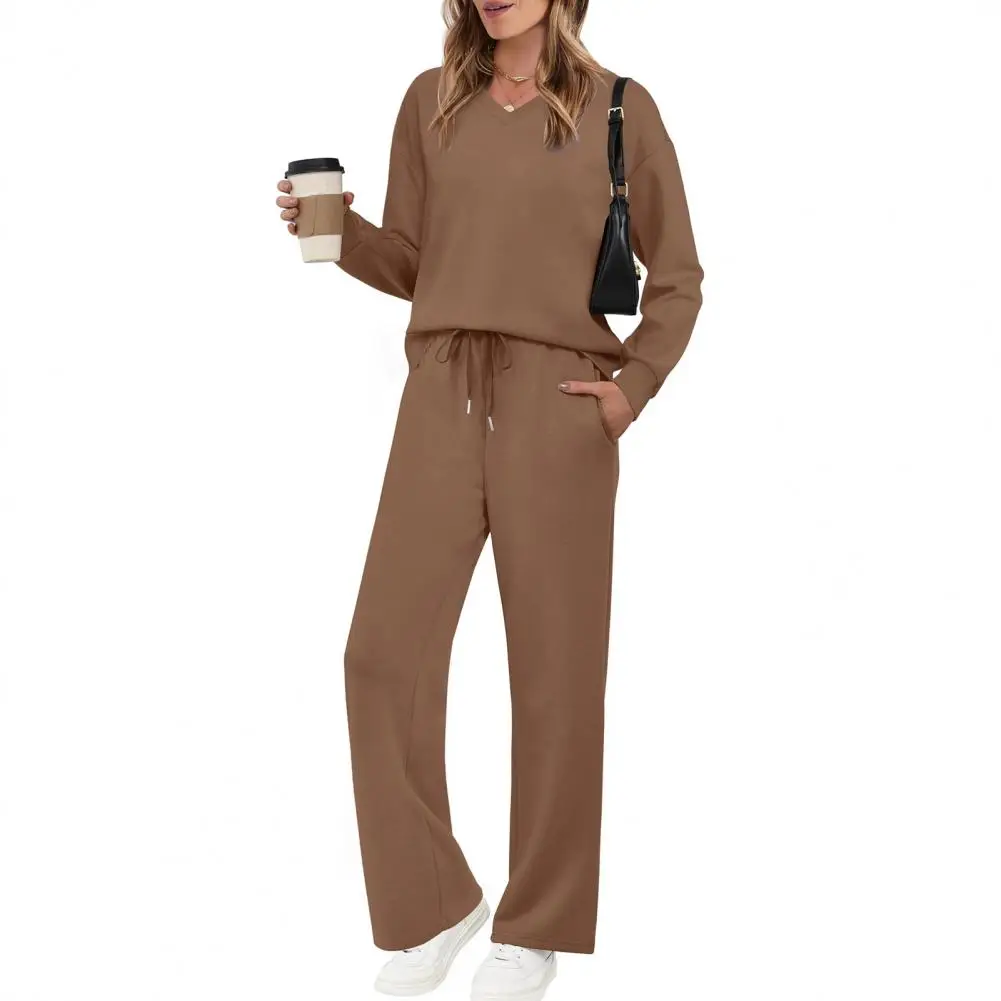 Two Piece Outfits for Women Casual Fall Lounge Sweatsuits Long Sleeve V-Neck Top Wide Leg Pants Matching Sets