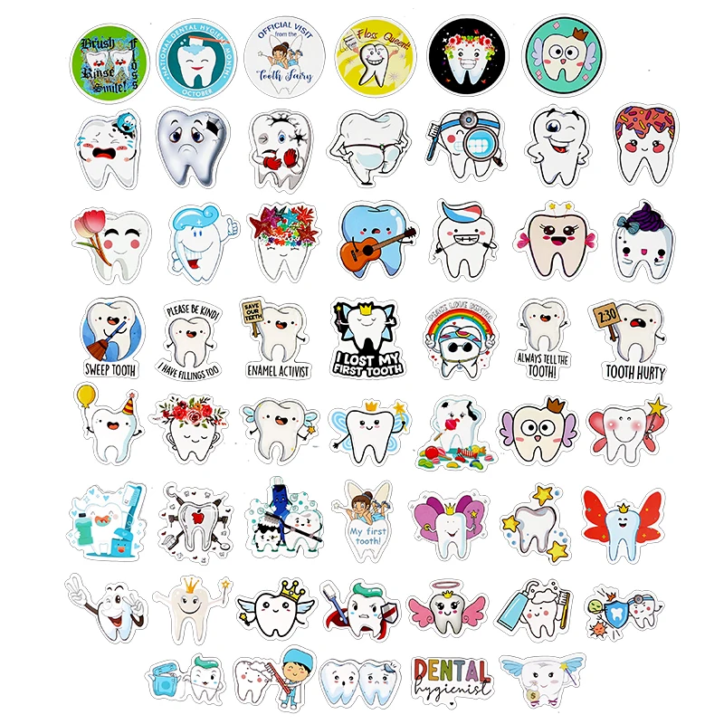 50Pcs Cartoon Cute Tooth Shape Stickers Dentistry Graffiti Decal Sticker Dentist Gift for Teens Kids Adults Boys Girls Friend