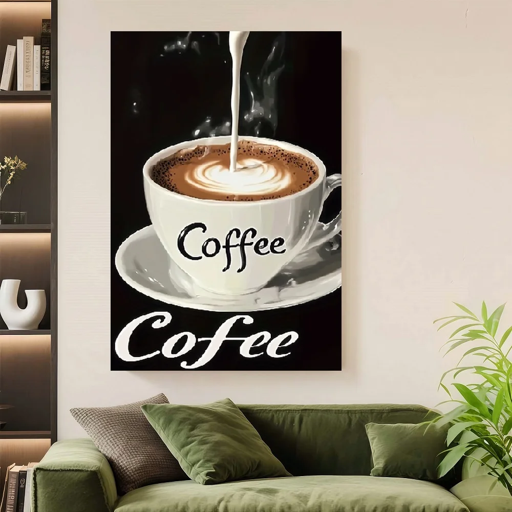 Framed Flat, A Two-Dimensional Flat Painting Featuring a Wooden Frame, Depicting a Cup of Coffee with Milk Being Added. Perfect