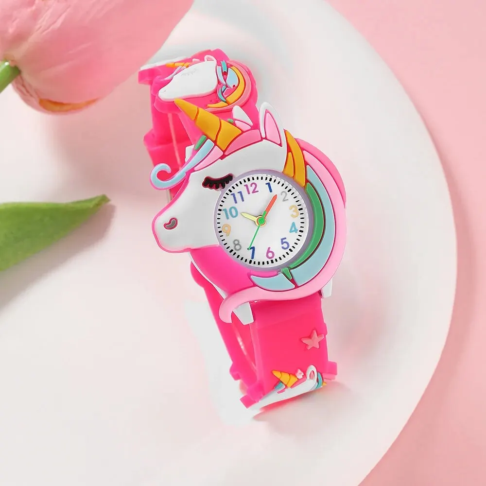 3pcs Girls Unicorn Patter Watch Silica Gel Quartz Wristwatch Jewelry Set Children Colorful Bow Necklace Bracelet Set