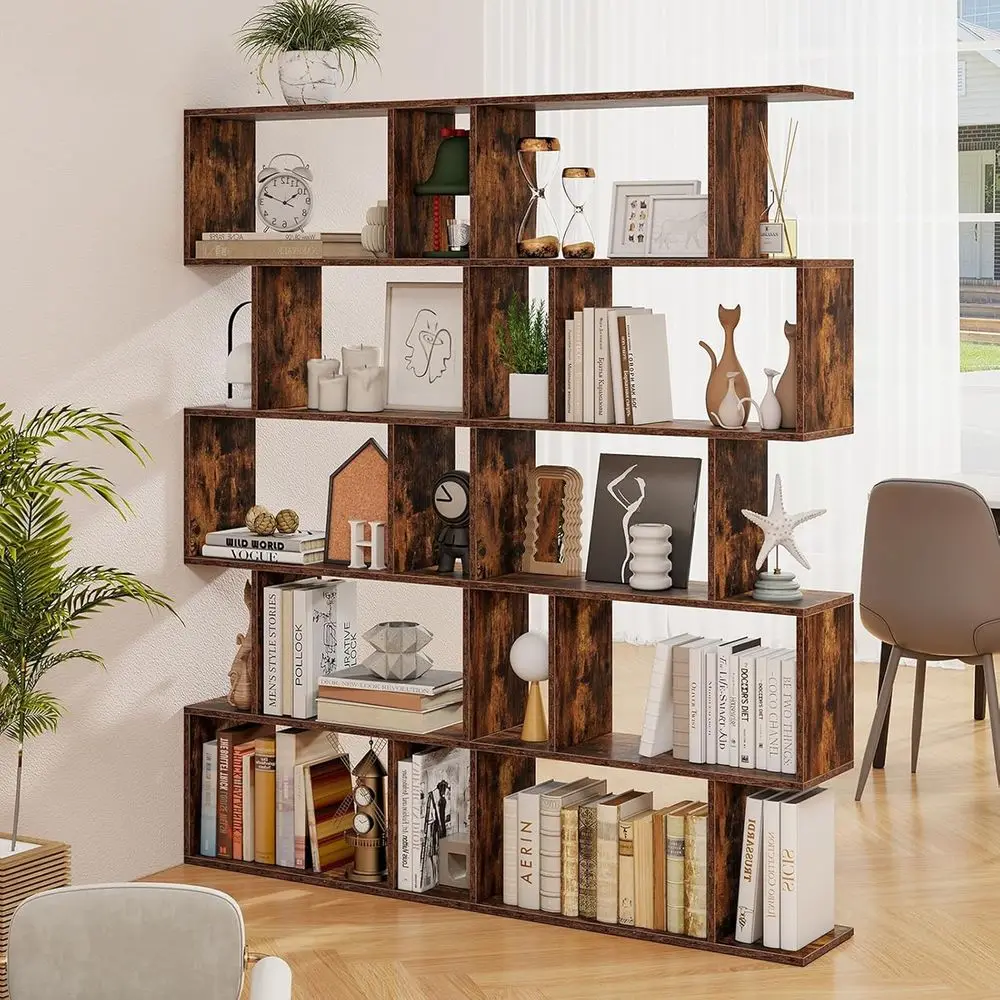 5 Tier Geometric Bookcase, S Shaped Bookshel, ern Decorative Storage Shelving, Wooden Room Divider Bookcase, 62.5
