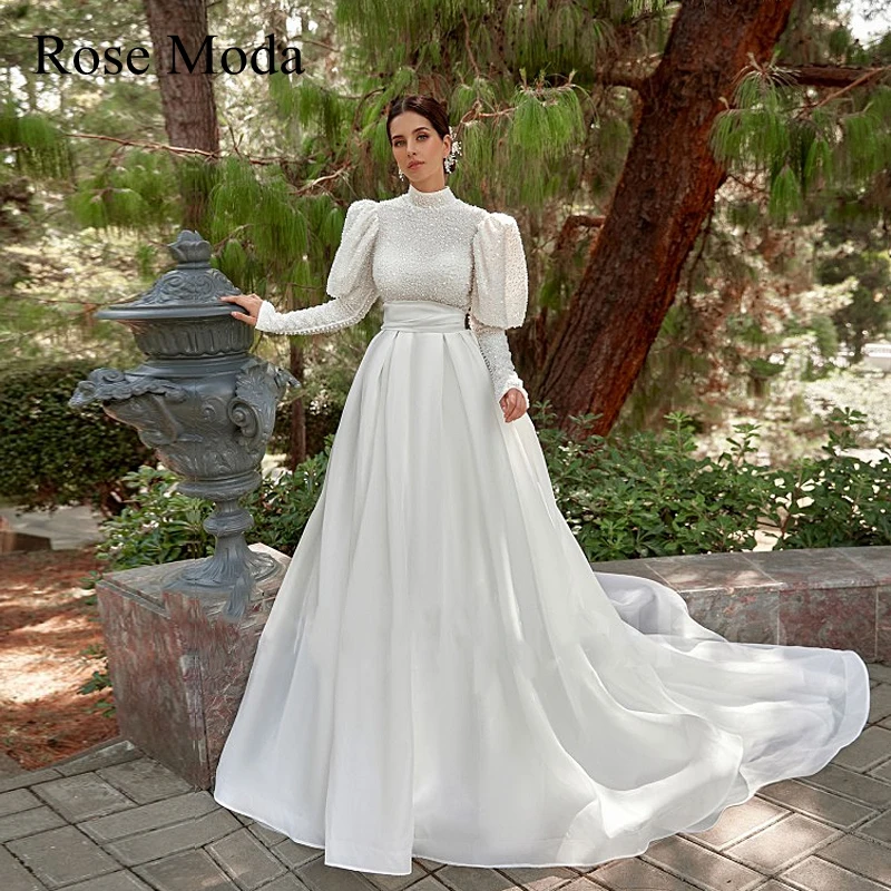 Rose Moda High Neck Long Sleeves Princess Beading Lace Wedding Dresses with Bow Organza Bridal Gown Real Photos