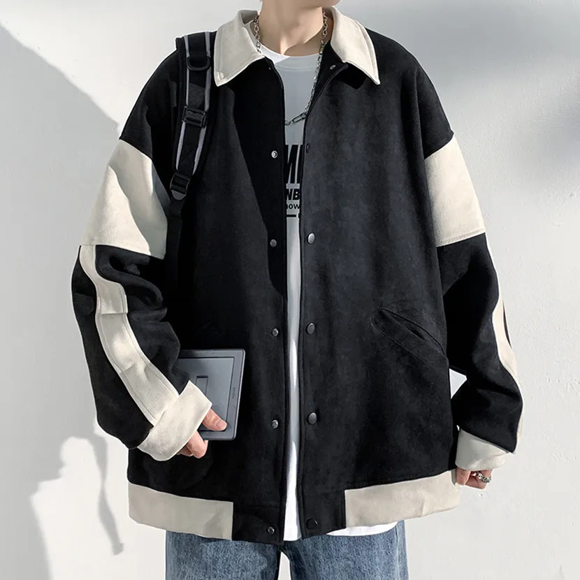 

Trendy Men's Suede Baseball Jaet Spring Autumn Flip-Collar Casual Splice Outerwear Faionable Top Button Decoration Windproof