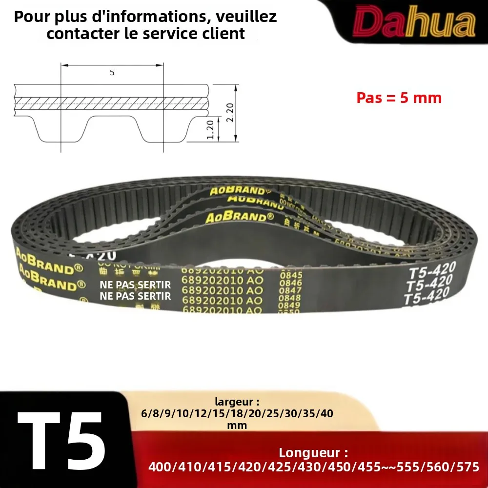 Courroie de distribution synchrone en caoutchouc T5 de haute qualité, largeur 6/8/9/10/12/15/20~40 mm, longueur 400 mm-575 mm, courroie d'entraînement pour moteur à mouvement linéaire