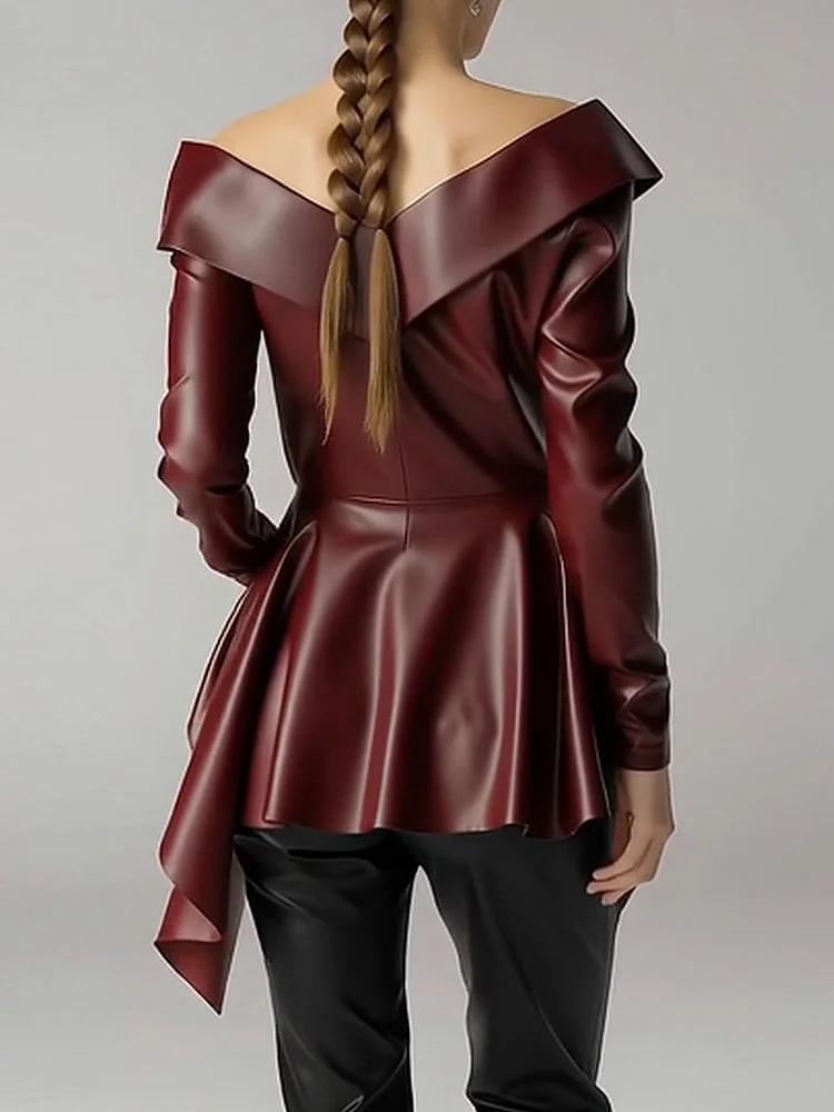 Mode frauen Leder Top Off Schulter Wrap Geraffte Asymmetrische Saum Langarm Leder Top High Street Herbst Streetwear – Detail 3