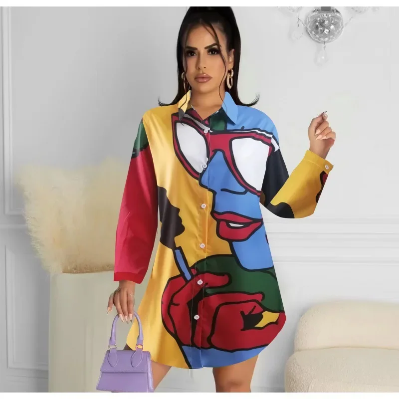 2023 Fashion Shirts & Blouses Elegant Print Loose Long Shirt Button Up Long Sleeve Top Casual Vintage Y2k Shirts Dress Blouse