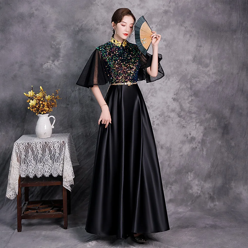 

Retro Sequins Embrodiery Applique Mandarin Collar Satin Qipao Sexy Chiffon Flying Sleeve A-Line Cheongsam Chinese Women Dress