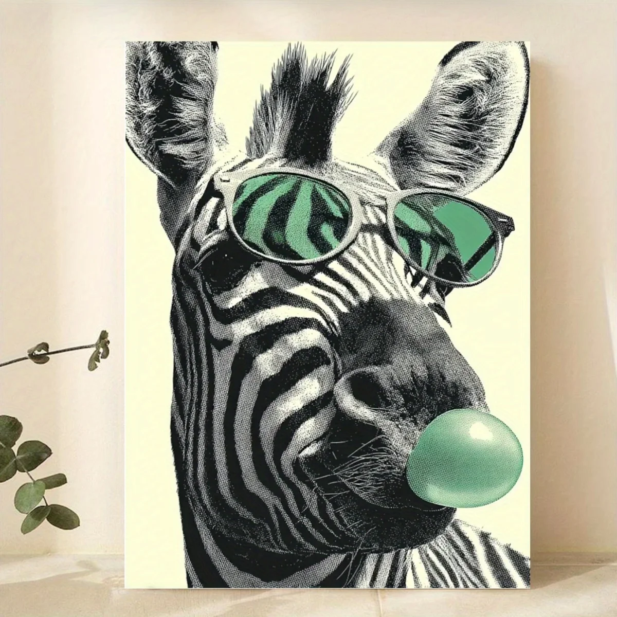 Zebra with Sunglasses Canvas Print – Pop Art Style, Bubble Gum, Black & White Stripes, Frameless for Home Office Decor