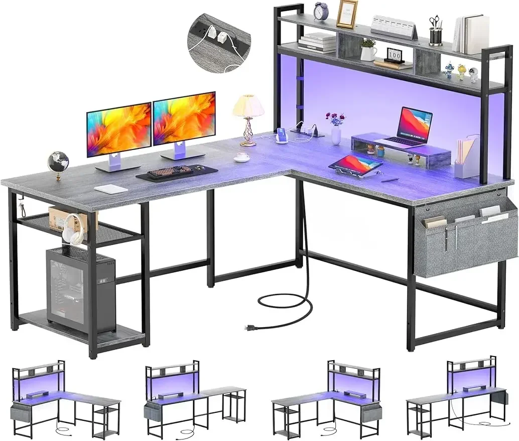 

L Shaped Computer/ Gaming Desk, Storage Shelf & Monitor Stand, Modern 2 Person Home Office Writing Reversible Corner Desk