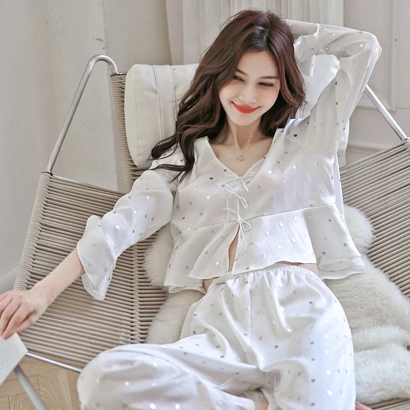 

Satin Women's Print Pajamas Set Long Sleeve Spring Autumn Ladies Sleepwear Luxury Silk 2 Pieces With Pant Pijama Female 2023