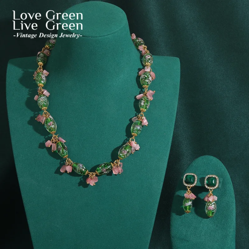 

Luxury Designer Crystal Green Jewelry Sets For Woman Pink Bowknot Glass Oval Stone Beads Sweet Accessories 2025 New In Gift
