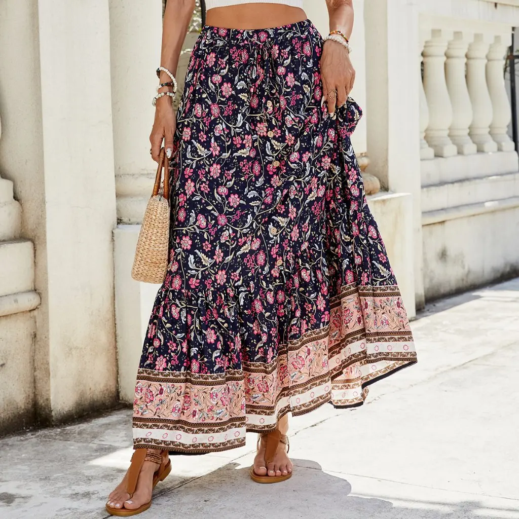 

Women's Bohemian Printed Split Skirt Spring Summer New European American Style Buckle Detail Holiday Beachwear