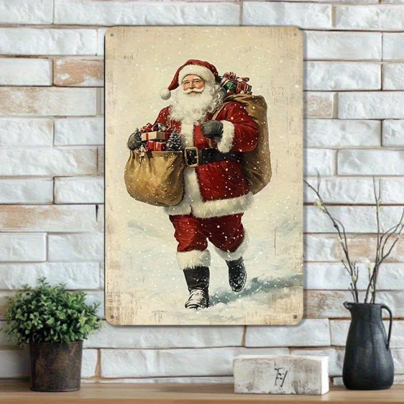 Vintage-Style Nostalgic Santa'S Journey Tin Sign - Rustic Christmas Wall Art with Snowy Scene, Perfect for Home, Bar, or Holida