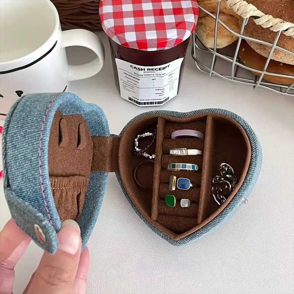

Compact Heart Shaped Jewelry Ring Storage Box Embroidered Pure Color Mini Jewelry Box Retro Style With Strap Jewelry Holder Gift
