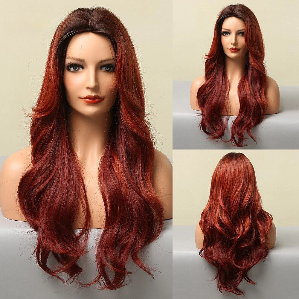 Wig merah anggur Ombre sintetis panjang bergelombang untuk wanita hitam alami