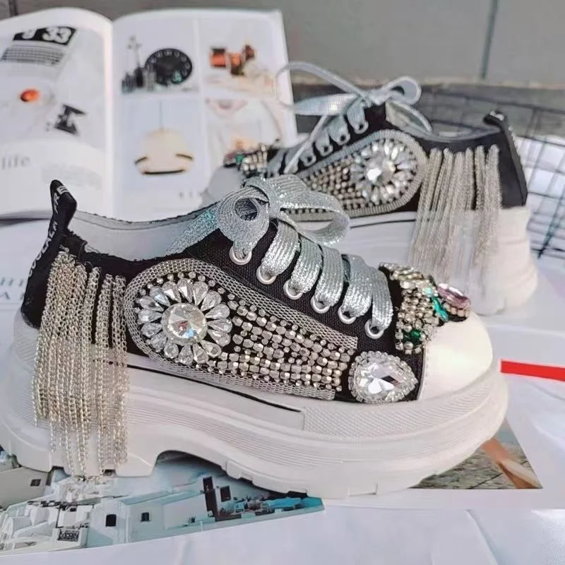 Thick soled fringe nails jeweled rock punk street dance performance shoes hand-tailored black low-top casual women's shoes 35-40