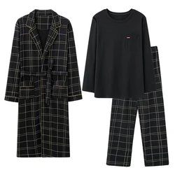 3 PCS Men Robes Set Fashion Plaid Bathrobe+Tops+Long Pants Pyjamas Homewear Cotton NightSuit Sleepwear Casual Male Home Clothes