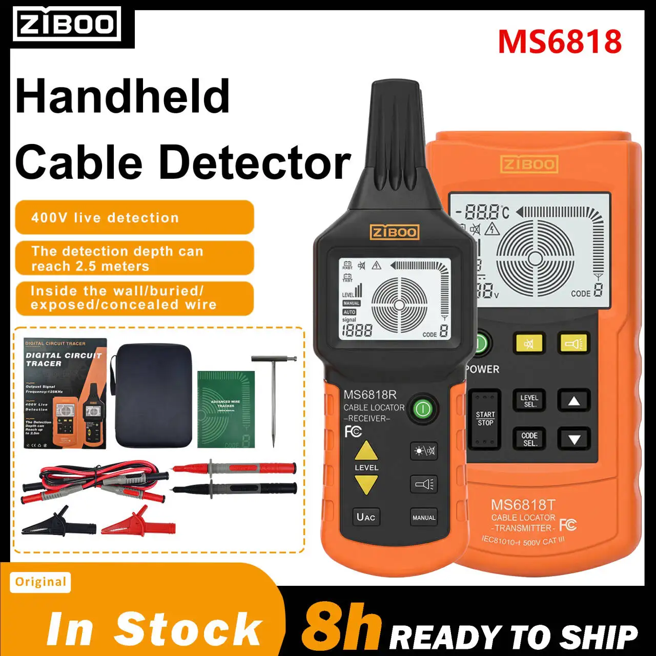 ZIBOO MS6818 Professional Underground Cable Locator,0-2M Unipolar / 0-0.5M Bipolar Testing, NCV & Grid Voltage Identification