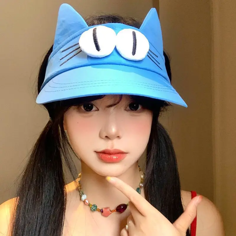 Cute Cat Ears Sun Visor Hat Women Lake Blue Open Top Sun Hat Summer UV Protection Cartoon Big Eyes Cat Cap Girls Trendy Sunshade