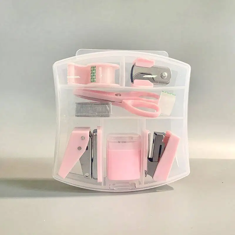 8 PCS Mini Office Supplies Set With Portable - Including Scissors Tape Box Pencil Case Puncher And Staples