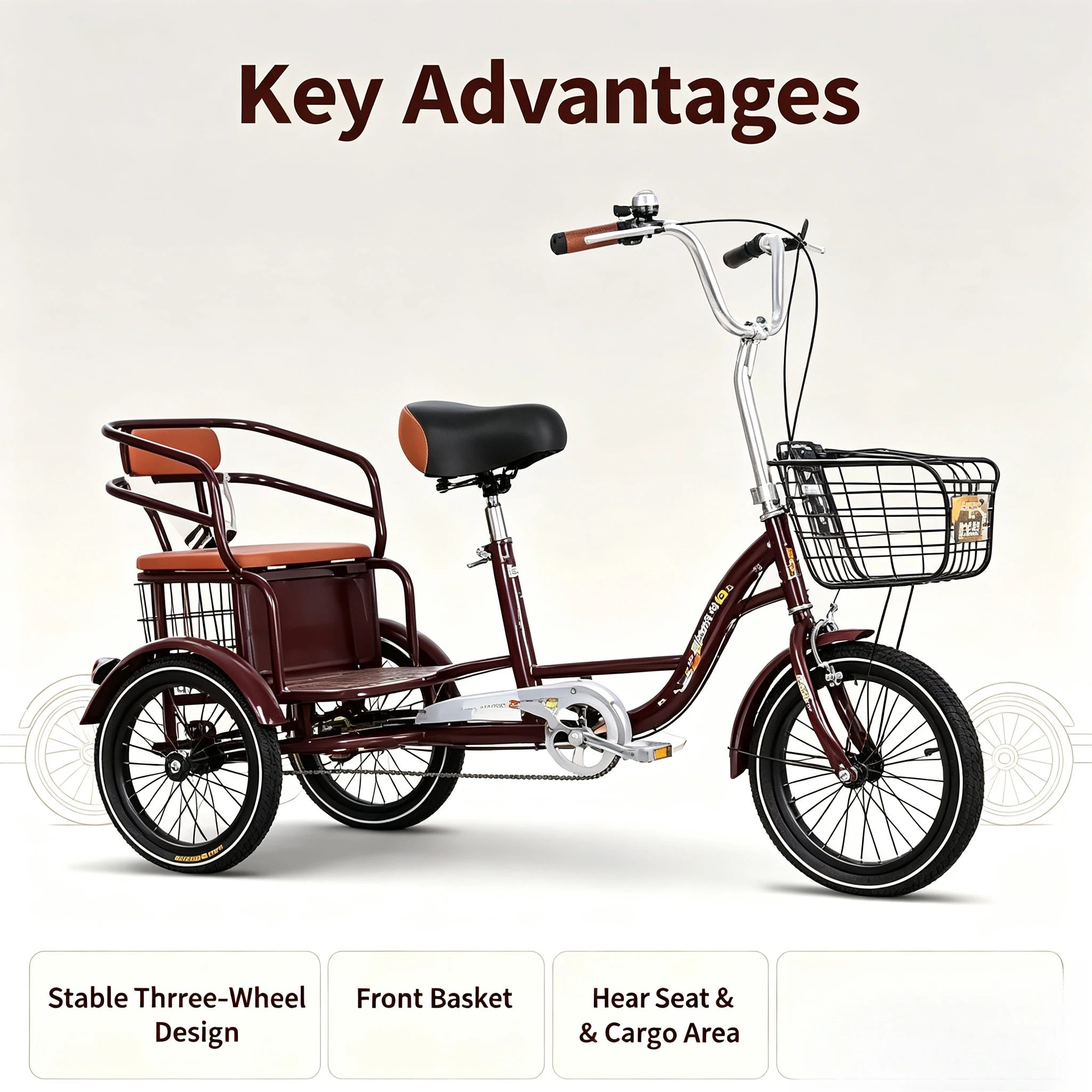 Lightweight Elderly Pedal Tricycle, Manual Self-propelled Three Wheel Bicycle, Small Human Powered Scooter for Seniors Daily
