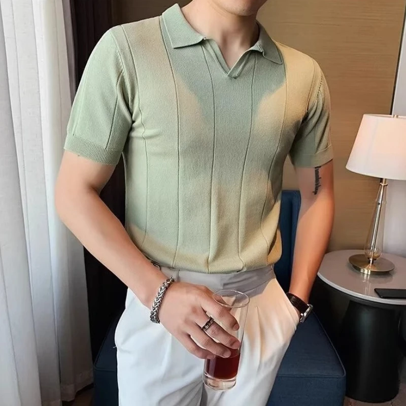 High-end Ice Silk Short Sleeve T-shirt for Men Summer New Business Casual Menswear Cool Handsome V-neck Knitted Polo Shirt Top