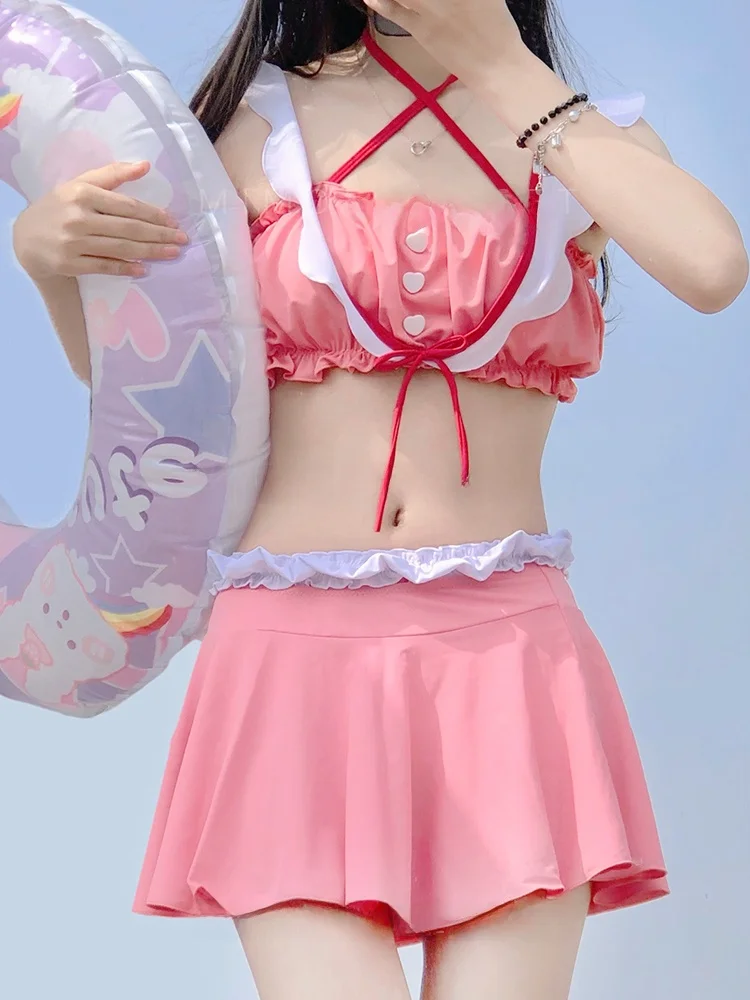 

Mimoi Closet Japanese Sle Cute Maid Suit Swimming Costume Pink Pure Desire Lolita Tee-piece Set Women's Swimsuit