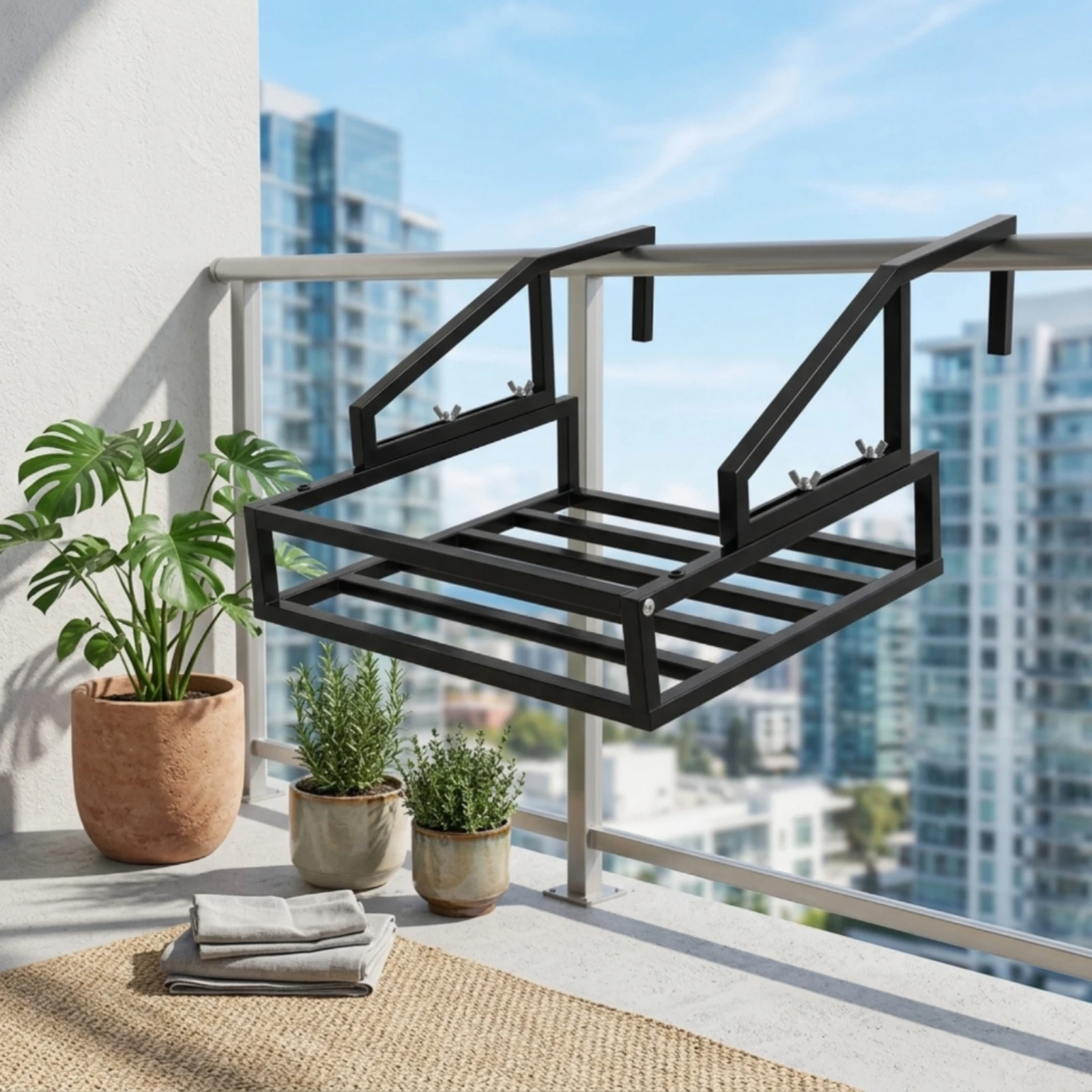 Balcony Drying Rack Compact Hanging Rack with Guard Rails Railing Organizer Long-Lasting Sturdy for Apartment Dwellers, Patio