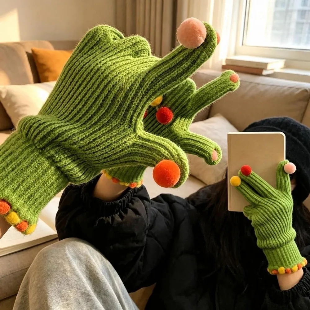 Warm Candy Pom Pom Knit Gloves Candy Color Hand Warmers Winter Cold Proof Knitted Gloves Knitted Thermal