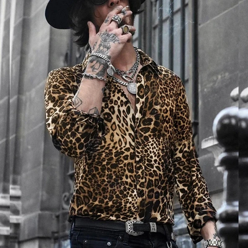 Men\'s Fashion Leopard Print Long Sleeve Shirt Party Club Personality Lapel Loose Button Shirt Hip-hop Shirt Tops Men Clothing