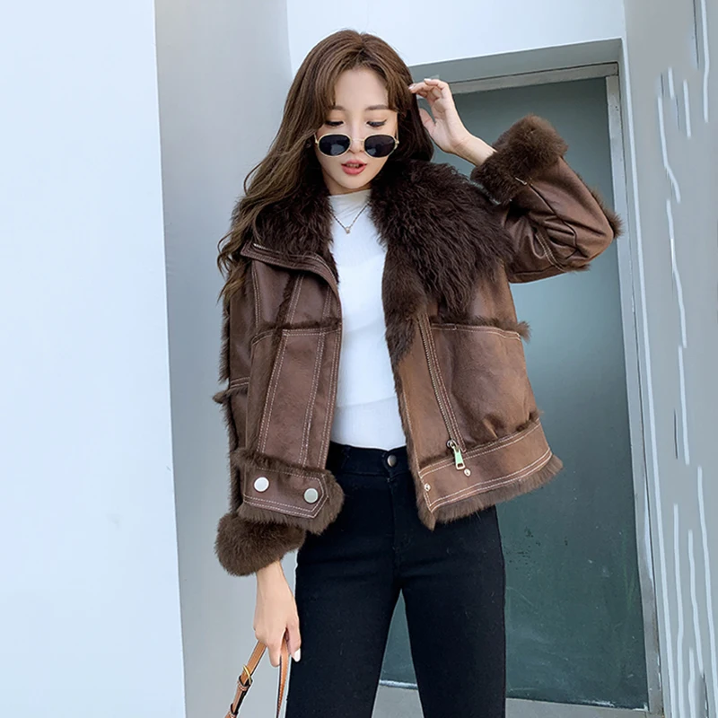 Winter New Real Rabbit Fur Jacket With Genuine Sheepskin Leather Wholeskin Natural Rabbit Fur Coats Outwear Shearling Women Coat