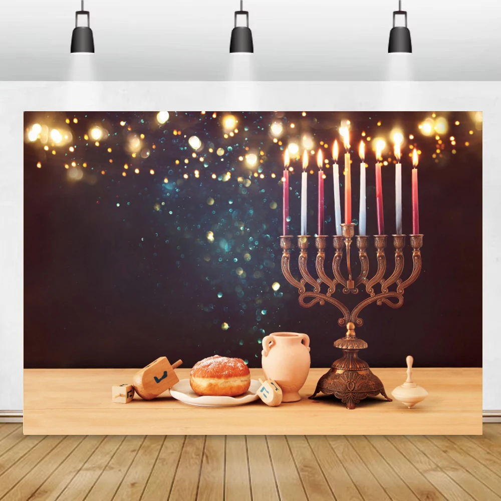 Laeacco-Fondo de fotografía Feliz Hanukkah, Hanukah, festivales, fiesta, Menorah, velas, pan, cemento, póster de pared