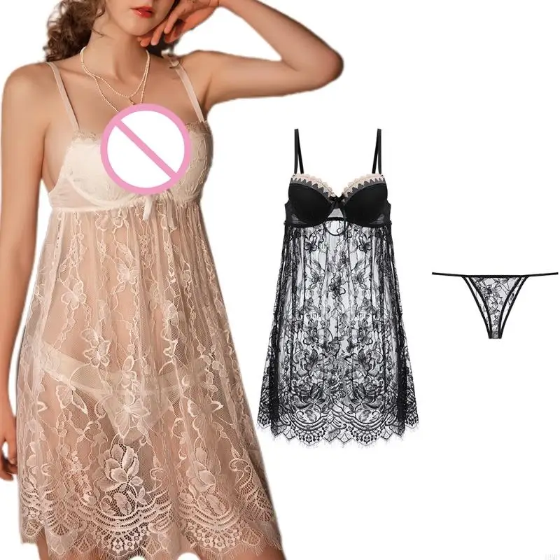 

49MF 1 Set Women's Sexy Perspective Skirt's Hemline Nightdress Summer Gather Pajamas