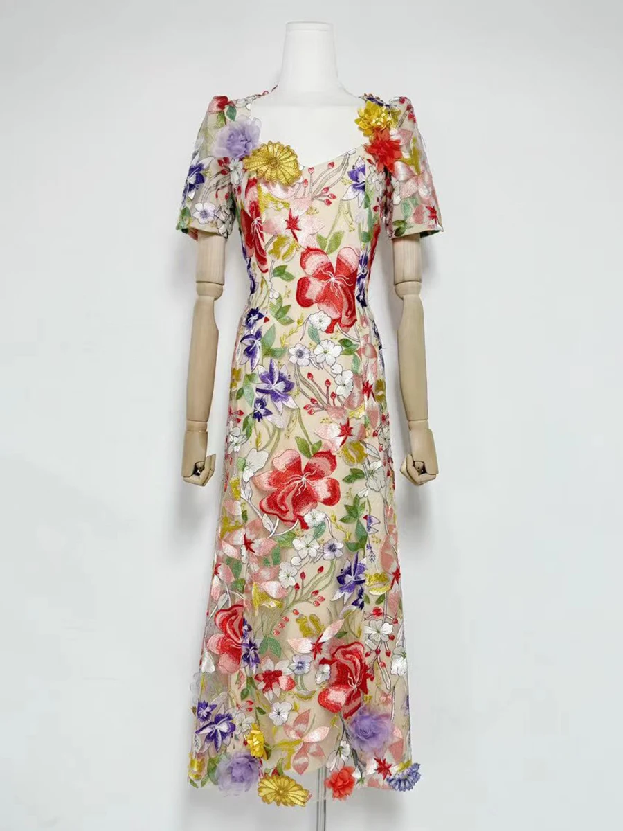 VGH Elegante Gespleißt Sheer Mesh Kleid für Frauen Quadrat Kragen Kurzarm Hohe Taille Druck EINE Linie Abendessen Kleider Weibliche Neue