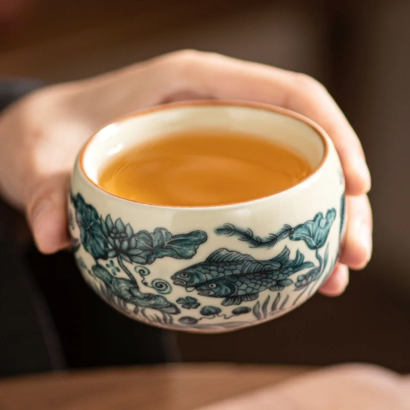 Hand Painted Ceramic Tea Cup Fish Algae Pattern Mouth Cup Chinese The Ancients Household Kung Fu Tea Cup Set Teaware Ceremony