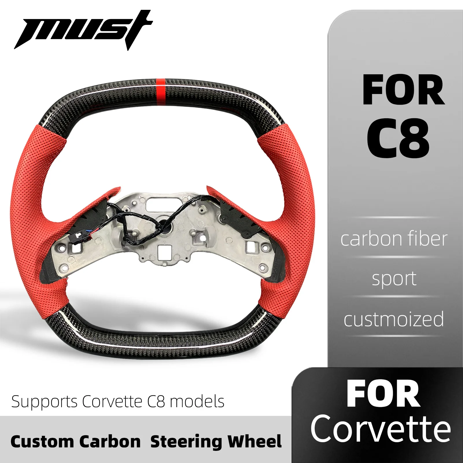 Customized Red Perforated Leather Real Carbon Fiber Steering Wheel For Chevrolet Corvette C8