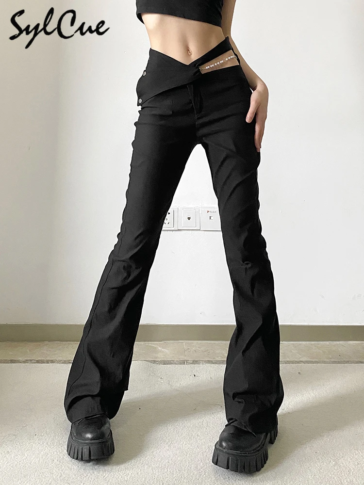 

Sylcue Black Slim Versatile Classic Fashion Simple Youth Elastic Knit Breathable Casual High Street Women Flared Pants Trousers